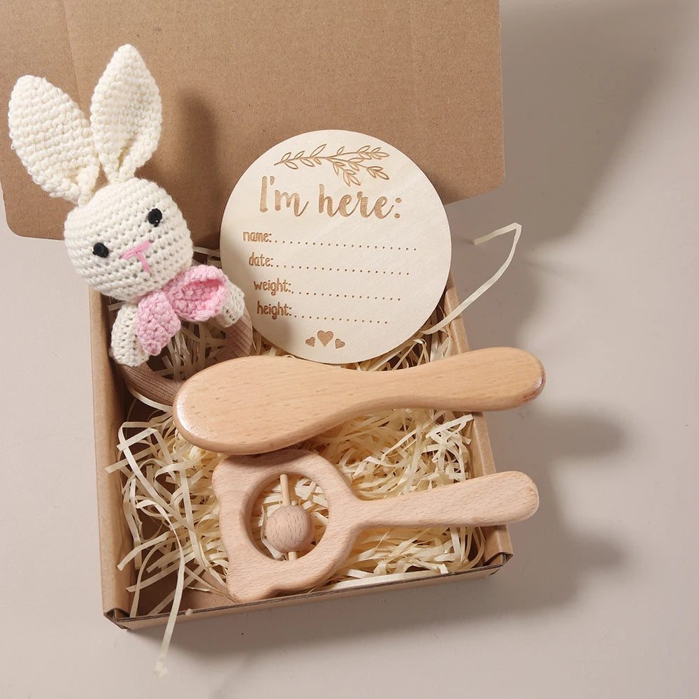 3-4 pcs baby comb brush set newborn gift set Natural Wool beech baby crochet bunny rattle baby shower gift