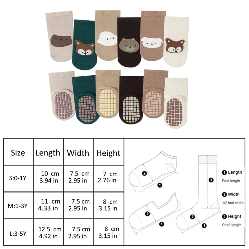 6 pairs cartoon animal baby glue-on socks,kid's anti-slip trampoline socks, suitable for babies when they are learning to walk