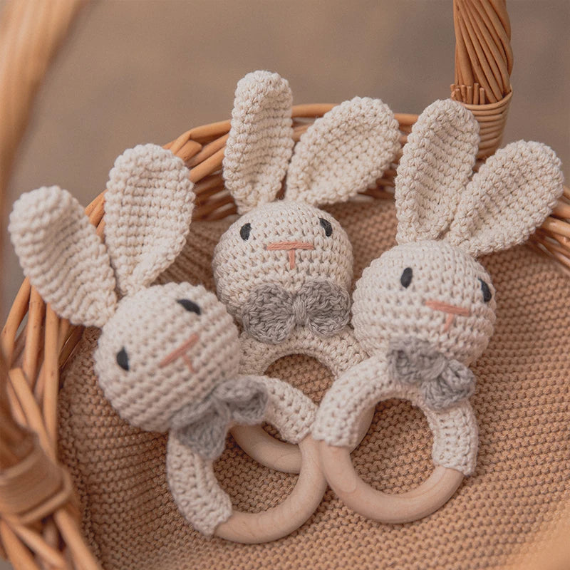 1pc Baby Teether Music Rattles for Kids Animal Crochet Rattle Elephant Giraffe Ring Wooden Babies Gym Montessori Children's Toys