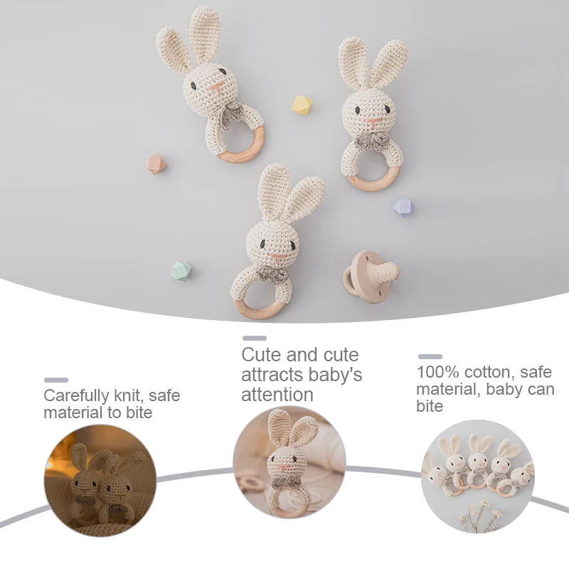 1pc Baby Teether Music Rattles for Kids Animal Crochet Rattle Elephant Giraffe Ring Wooden Babies Gym Montessori Children's Toys