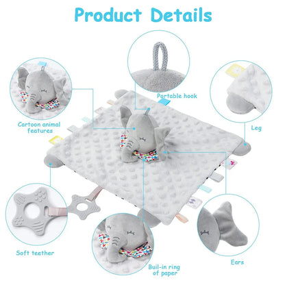 Personalised Baby Elephant Security Blanket Organic Cotton Comforter with Silicone Teether Infant Shower Gift