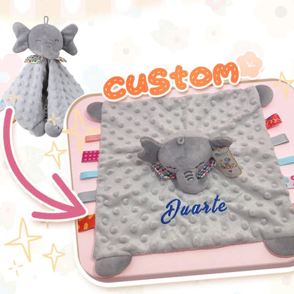 Personalised Baby Elephant Security Blanket Organic Cotton Comforter with Silicone Teether Infant Shower Gift