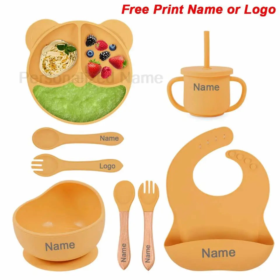 8Pcs/5Pcs Silicone Tableware For Kids Baby Feeding Set Cartoon Plate Personalized Name Sucker Cup Plate Bowl Bib Newborn Gift