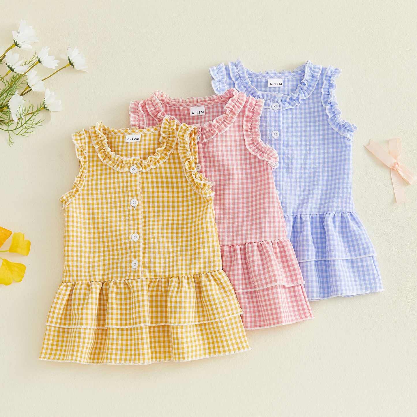 FOCUSNORM 0-4Y Lovely Kids Girls A-line Dress Sleeveless Crew Neck Layered Plaid Summer Dress for Casual Daily