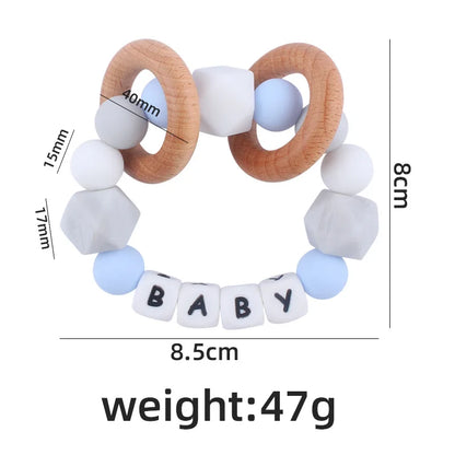 Baby Teether Bracelet Handmade free personalized name Food Grade Silicone Beads Wood ring-shaped Pendant Toys