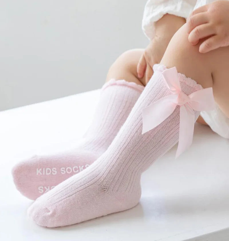 Knee High Baby Girl Socks Anti slip for Newborn Infant Toddler Bowknot Non-slip Long High Tall Cotton Blank Accessories 0-3 Year