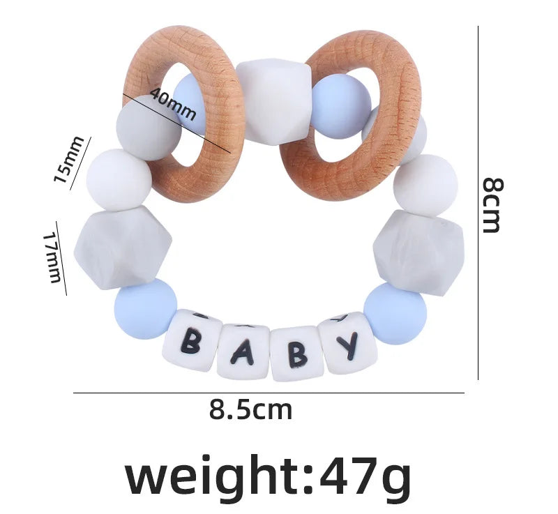 Baby Teether Bracelet Handmade free personalized name Food Grade Silicone Beads Wood ring-shaped Pendant Toys