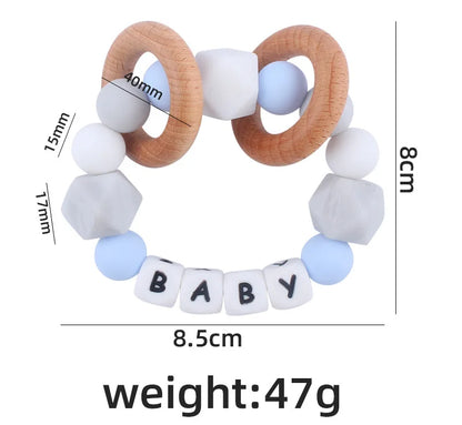 Baby Teether Bracelet Handmade free personalized name Food Grade Silicone Beads Wood ring-shaped Pendant Toys