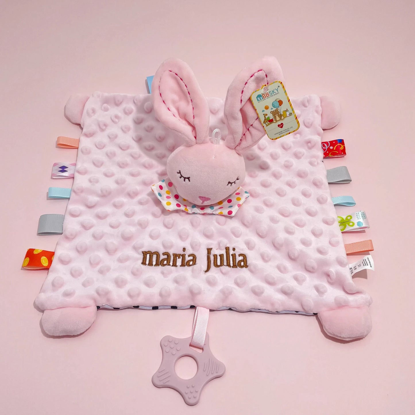 Personalised Baby Elephant Security Blanket Organic Cotton Comforter with Silicone Teether Infant Shower Gift