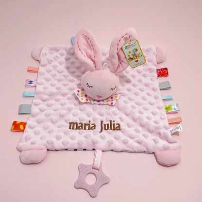 Personalised Baby Elephant Security Blanket Organic Cotton Comforter with Silicone Teether Infant Shower Gift