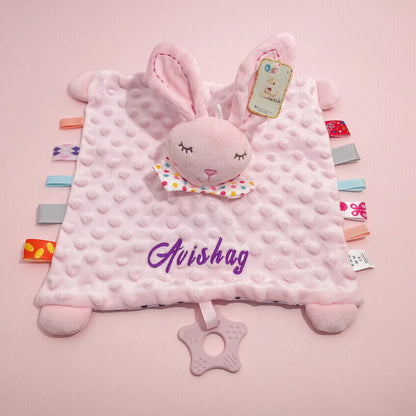 Personalised Baby Elephant Security Blanket Organic Cotton Comforter with Silicone Teether Infant Shower Gift