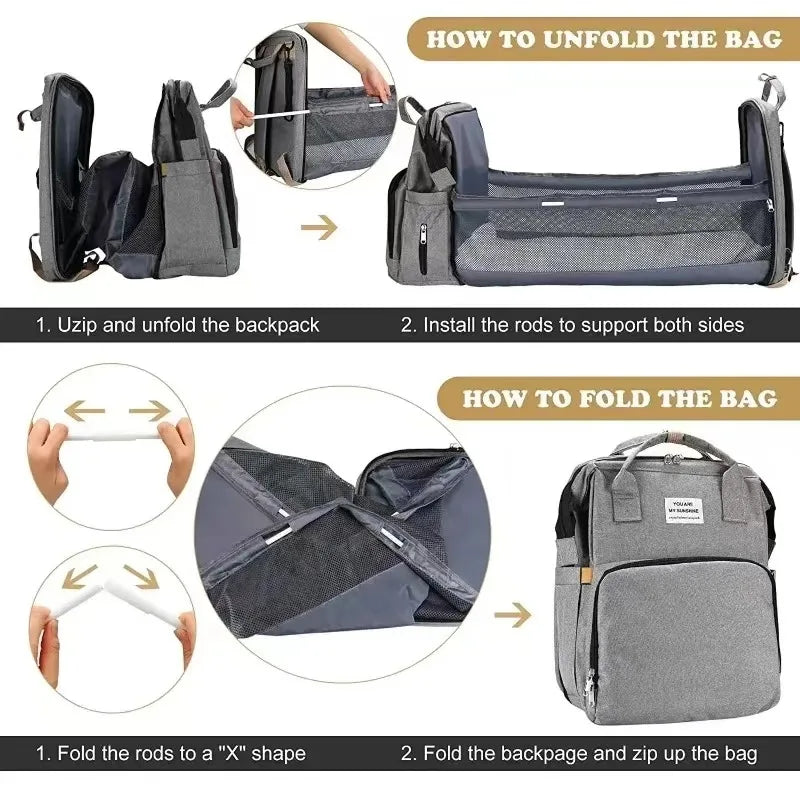 Portable folding crib, mommy bag, multi-functional, light and large-capacity leisure, double shoulder mother and baby bag.