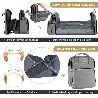 Portable folding crib, mommy bag, multi-functional, light and large-capacity leisure, double shoulder mother and baby bag.