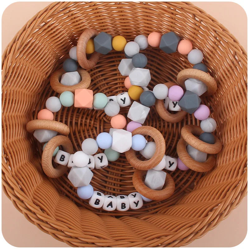 Baby Teether Bracelet Handmade free personalized name Food Grade Silicone Beads Wood ring-shaped Pendant Toys