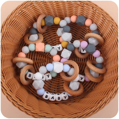 Baby Teether Bracelet Handmade free personalized name Food Grade Silicone Beads Wood ring-shaped Pendant Toys
