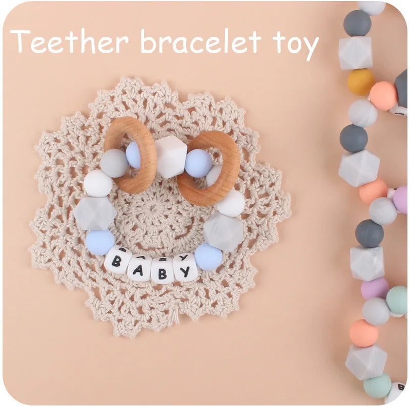 Baby Teether Bracelet Handmade free personalized name Food Grade Silicone Beads Wood ring-shaped Pendant Toys
