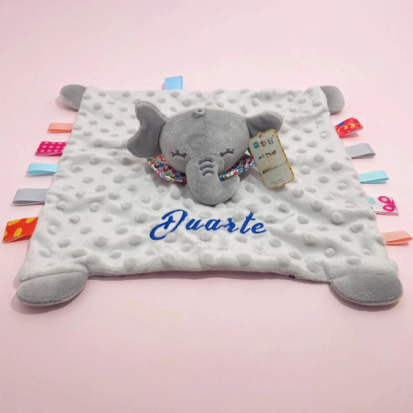 Personalised Baby Elephant Security Blanket Organic Cotton Comforter with Silicone Teether Infant Shower Gift