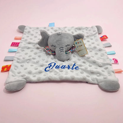 Personalised Baby Elephant Security Blanket Organic Cotton Comforter with Silicone Teether Infant Shower Gift