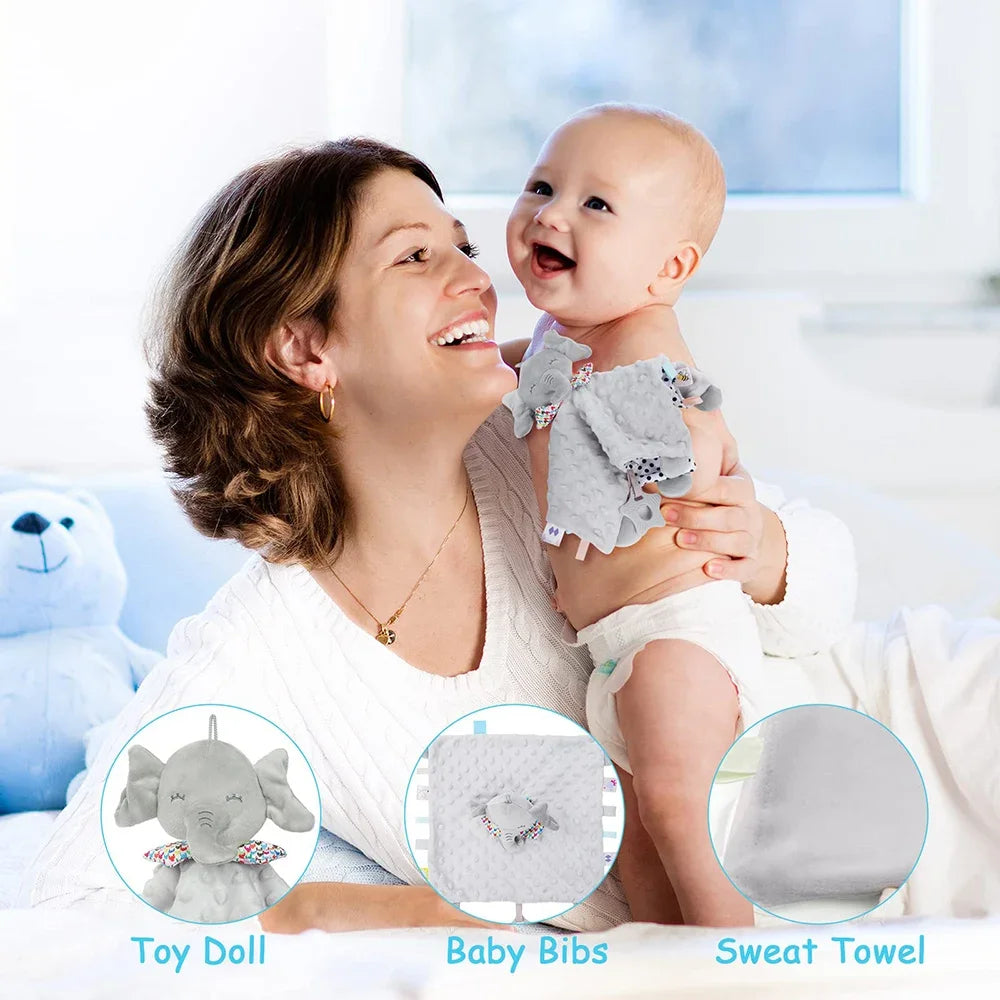 Personalised Baby Elephant Security Blanket Organic Cotton Comforter with Silicone Teether Infant Shower Gift
