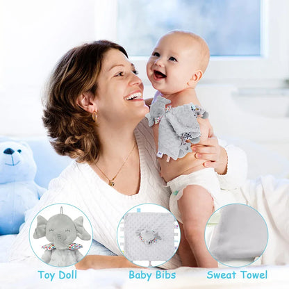 Personalised Baby Elephant Security Blanket Organic Cotton Comforter with Silicone Teether Infant Shower Gift