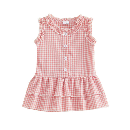 FOCUSNORM 0-4Y Lovely Kids Girls A-line Dress Sleeveless Crew Neck Layered Plaid Summer Dress for Casual Daily