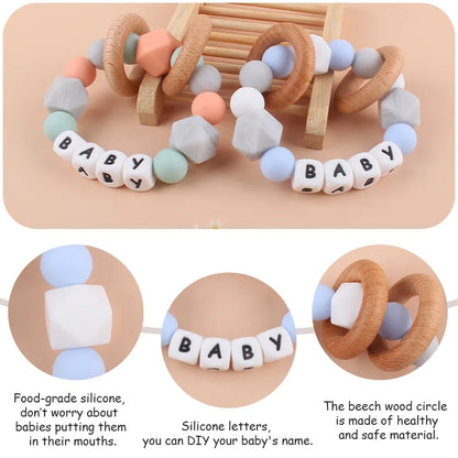 Baby Teether Bracelet Handmade free personalized name Food Grade Silicone Beads Wood ring-shaped Pendant Toys