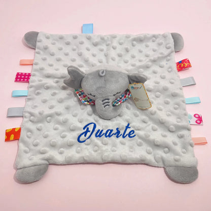 Personalised Baby Elephant Security Blanket Organic Cotton Comforter with Silicone Teether Infant Shower Gift