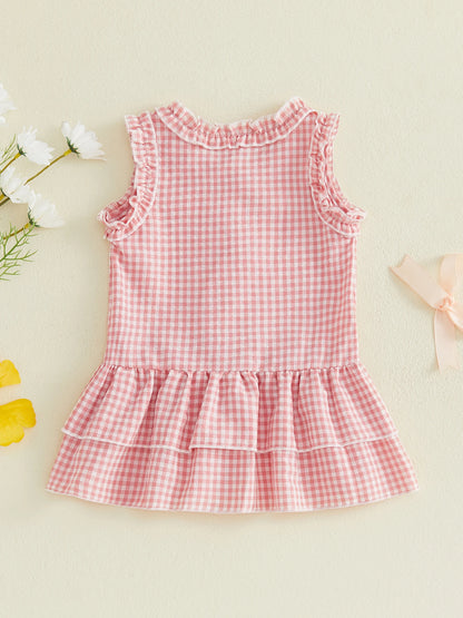 FOCUSNORM 0-4Y Lovely Kids Girls A-line Dress Sleeveless Crew Neck Layered Plaid Summer Dress for Casual Daily