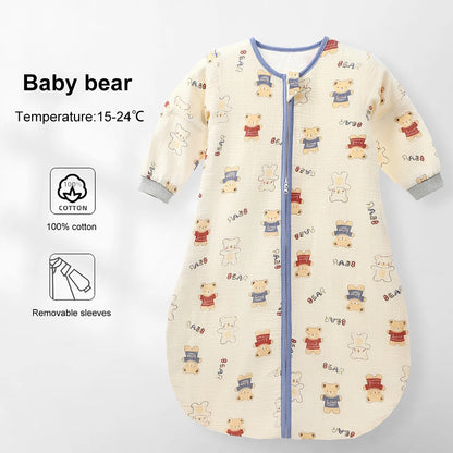 Sleeping Bag For Babies 0-24Months Soft Cotton Gauze Breathable 3-Ways Zipper Puppy Dog Baby Sleeping Bag With Removable Sleeves