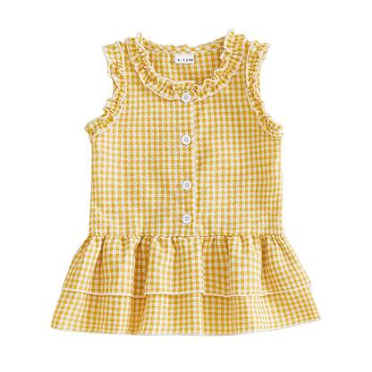 FOCUSNORM 0-4Y Lovely Kids Girls A-line Dress Sleeveless Crew Neck Layered Plaid Summer Dress for Casual Daily