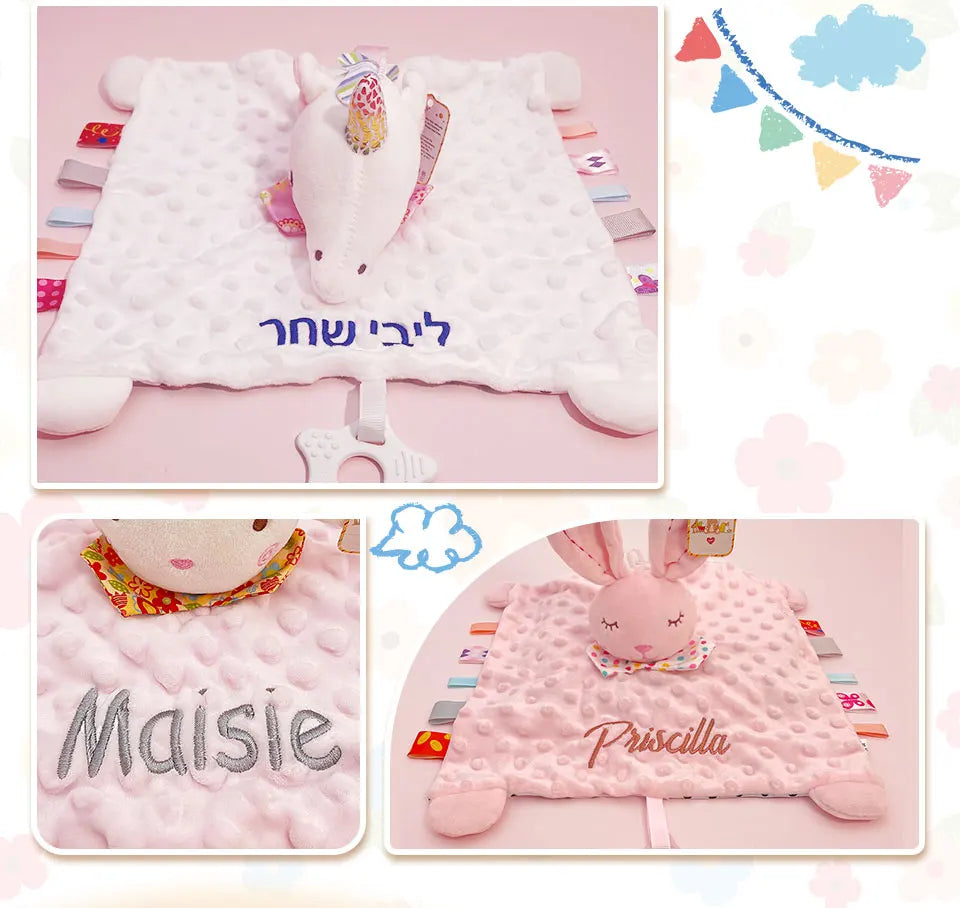 Personalised Baby Elephant Security Blanket Organic Cotton Comforter with Silicone Teether Infant Shower Gift