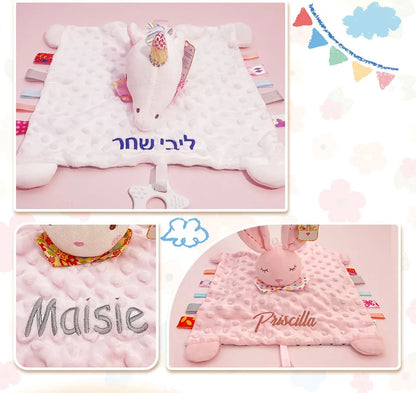 Personalised Baby Elephant Security Blanket Organic Cotton Comforter with Silicone Teether Infant Shower Gift