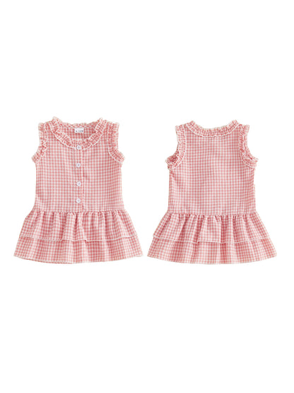 FOCUSNORM 0-4Y Lovely Kids Girls A-line Dress Sleeveless Crew Neck Layered Plaid Summer Dress for Casual Daily
