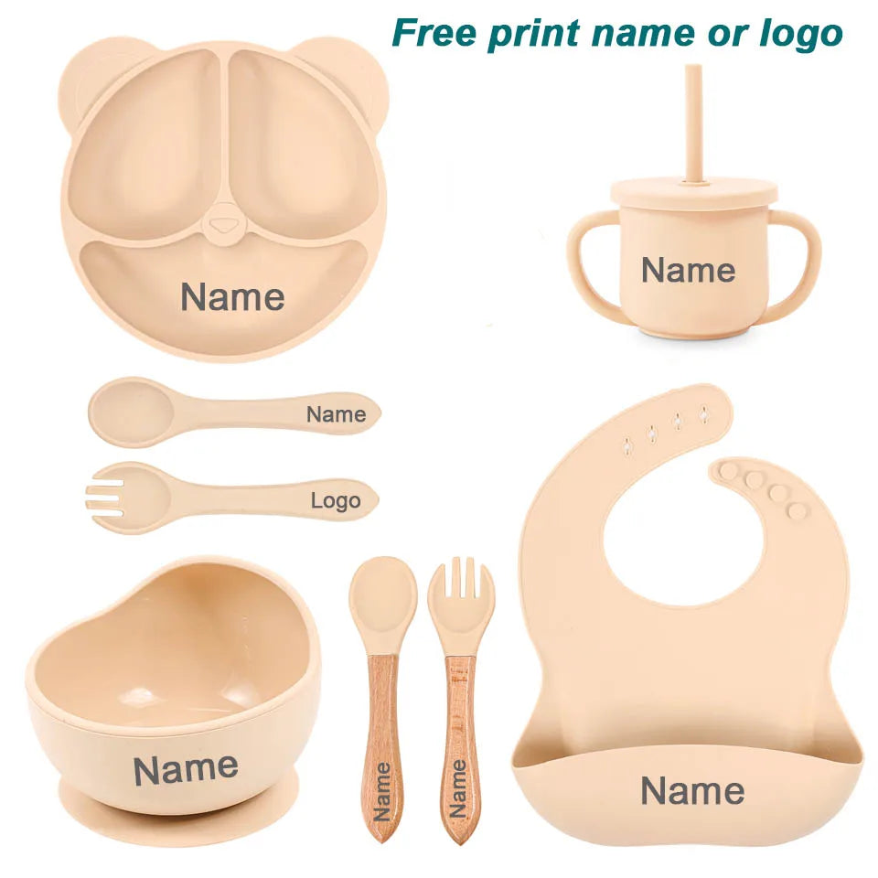 8Pcs/5Pcs Silicone Tableware For Kids Baby Feeding Set Cartoon Plate Personalized Name Sucker Cup Plate Bowl Bib Newborn Gift