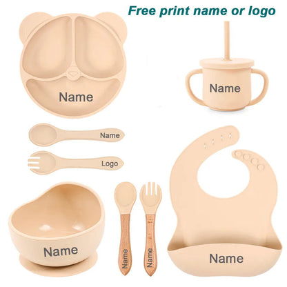 8Pcs/5Pcs Silicone Tableware For Kids Baby Feeding Set Cartoon Plate Personalized Name Sucker Cup Plate Bowl Bib Newborn Gift