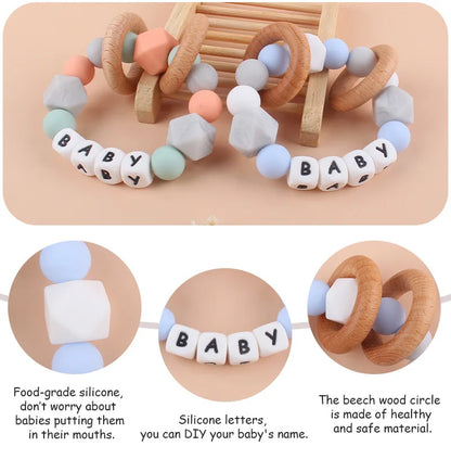Baby Teether Bracelet Handmade free personalized name Food Grade Silicone Beads Wood ring-shaped Pendant Toys