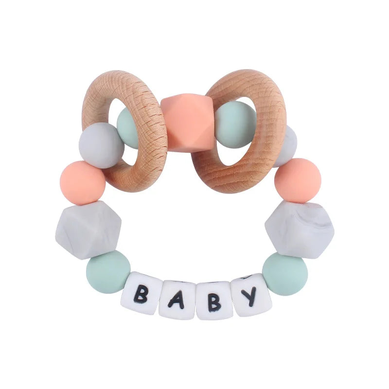 Baby Teether Bracelet Handmade free personalized name Food Grade Silicone Beads Wood ring-shaped Pendant Toys