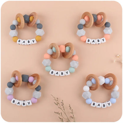 Baby Teether Bracelet Handmade free personalized name Food Grade Silicone Beads Wood ring-shaped Pendant Toys