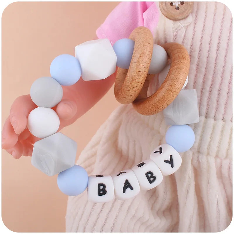 Baby Teether Bracelet Handmade free personalized name Food Grade Silicone Beads Wood ring-shaped Pendant Toys