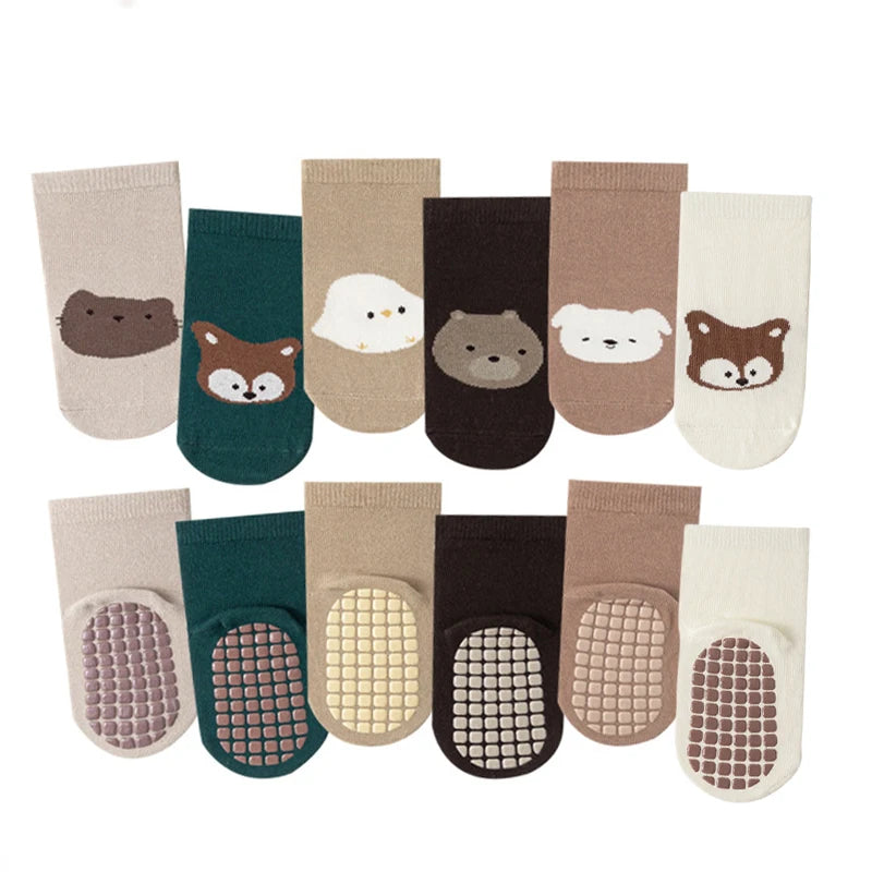 6 pairs  cartoon animal baby glue-on socks,kid's anti-slip trampoline socks, suitable for babies when they are learning to walk
