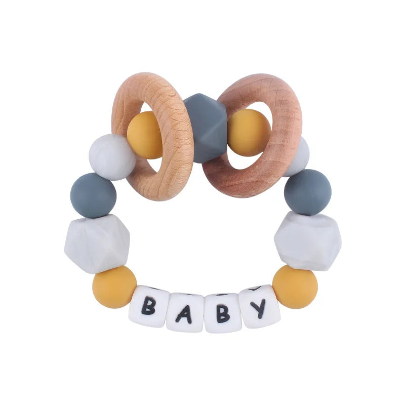 Baby Teether Bracelet Handmade free personalized name Food Grade Silicone Beads Wood ring-shaped Pendant Toys