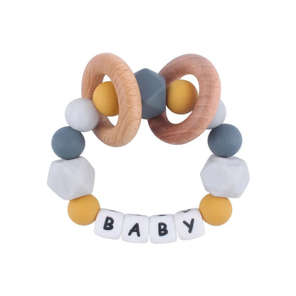 Baby Teether Bracelet Handmade free personalized name Food Grade Silicone Beads Wood ring-shaped Pendant Toys