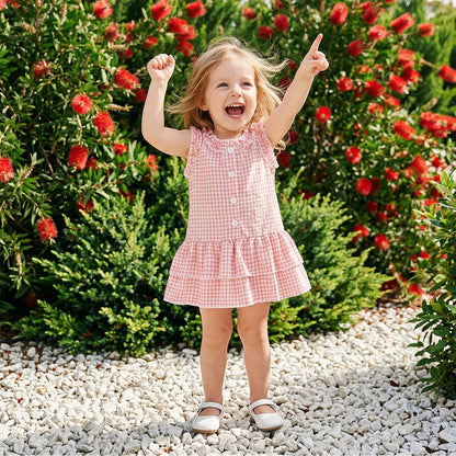 FOCUSNORM 0-4Y Lovely Kids Girls A-line Dress Sleeveless Crew Neck Layered Plaid Summer Dress for Casual Daily