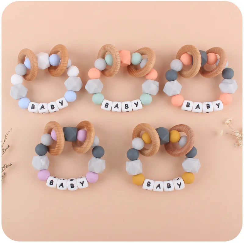 Baby Teether Bracelet Handmade free personalized name Food Grade Silicone Beads Wood ring-shaped Pendant Toys