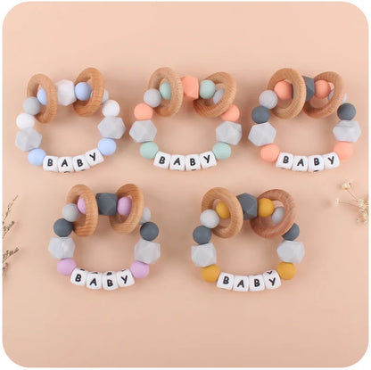 Baby Teether Bracelet Handmade free personalized name Food Grade Silicone Beads Wood ring-shaped Pendant Toys