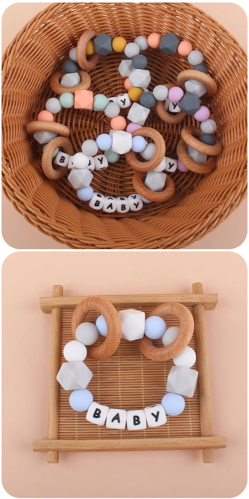 Baby Teether Bracelet Handmade free personalized name Food Grade Silicone Beads Wood ring-shaped Pendant Toys