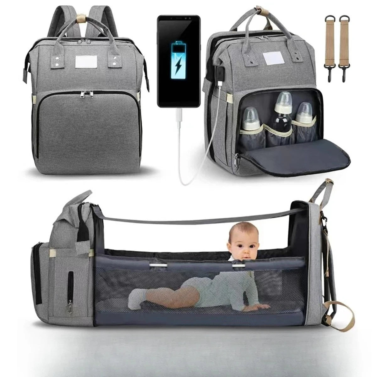 Portable folding crib, mommy bag, multi-functional, light and large-capacity leisure, double shoulder mother and baby bag.