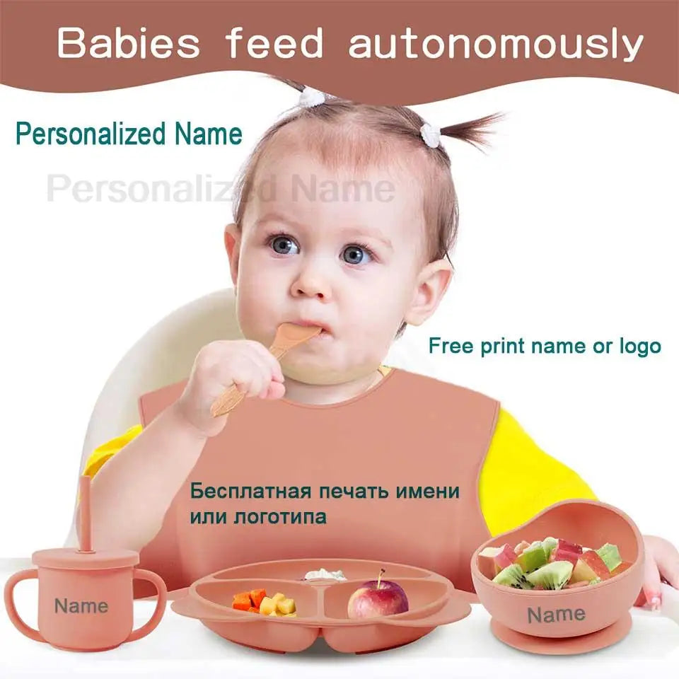 8Pcs/5Pcs Silicone Tableware For Kids Baby Feeding Set Cartoon Plate Personalized Name Sucker Cup Plate Bowl Bib Newborn Gift