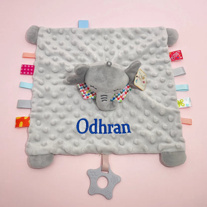 Personalised Baby Elephant Security Blanket Organic Cotton Comforter with Silicone Teether Infant Shower Gift