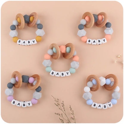 Baby Teether Bracelet Handmade free personalized name Food Grade Silicone Beads Wood ring-shaped Pendant Toys